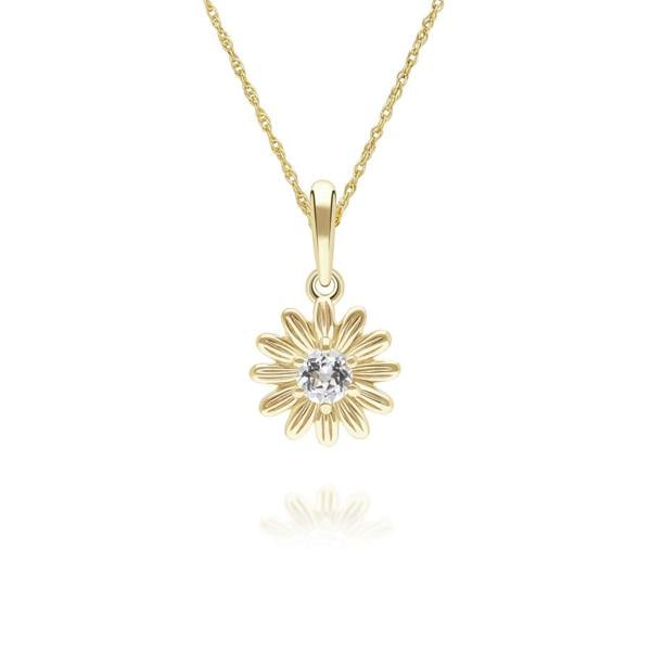 Gemondo Gardenia Daisy White Sapphire Floral Halo Flower Pendant Necklace in Solid 9ct Yellow Gold