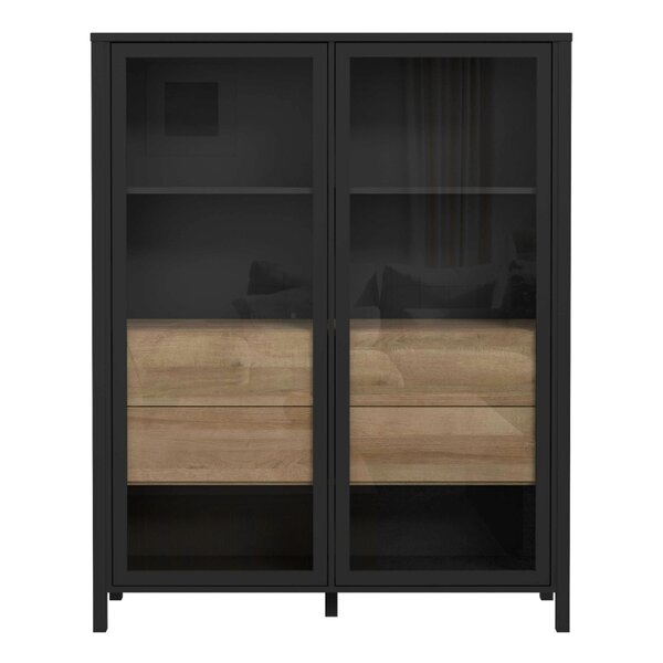 Wyld Haus Egtved Black and Natural Oak Wood Effect Large Wide Display Cabinet 2 Doors 4 Drawers