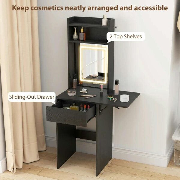 Small Vanity Desk with Mirror and LED Lights, Compact Dressing Table with Drop Leaf, Open Shelves and Drawer, Black