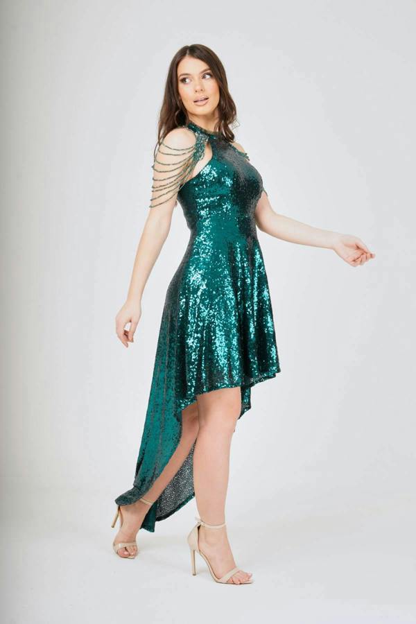 LuvForever Emerald Jewel Shoulder Hi-Lo Sequin Dress