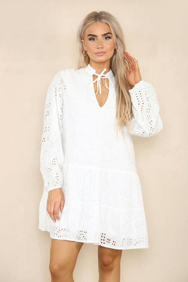 Elaina Fashion Women's White Long Sleeve Floral Flowy Eyelet Embroidery Broderie Swing Mini Smock Dress Pleated Vacation Short Sundress - Elaina Fashion