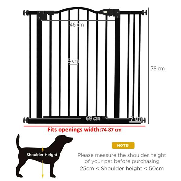 Black adjustable pet safety gate with auto-close door and size measurement diagram