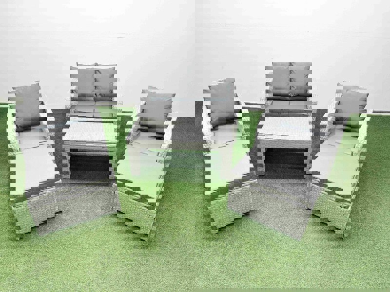 Fimous Light Grey PE Wicker Rattan Garden Furniture Set Sofa Set Reclining Adjustable Chair Oblong Coffee Table 6 Seater 2 Big Stools