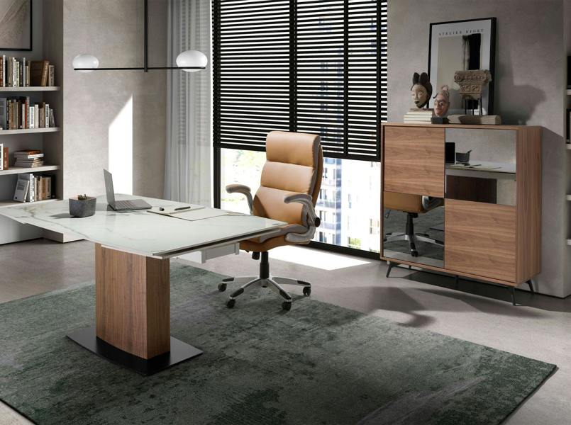 Angel Cerdá Mirror Effect Black Glass, Walnut and Black Steel Tall Sideboard 3059