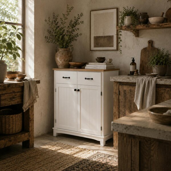 Wyld Haus Vamalu Wooden White Kitchen Cabinet With 2 Drawers For Dining And Living Spaces