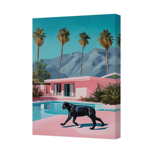 Benjamin Tate Design Contemporary Pink House Canvas Art Print With Palm Trees And Pool Handmade UK