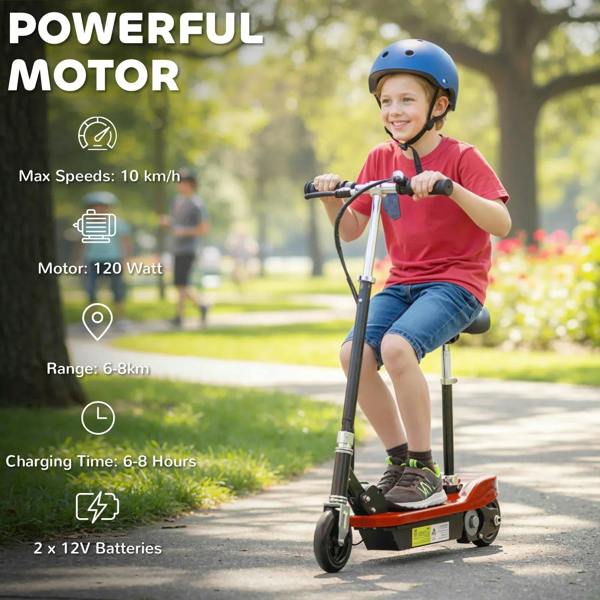 Red ride-on electric scooter with seated rider, handlebar grips and black wheels visible.