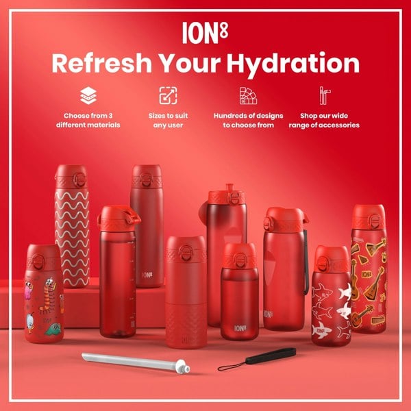 Several red water bottles, varying in size and design, are displayed on a red surface. They are shown alongside accessories. The text reads: "ION8 Refresh Your Hydration Choose from 3 different materials Sizes to suit any user Hundreds of designs to choose from Shop our wide range of accessories".