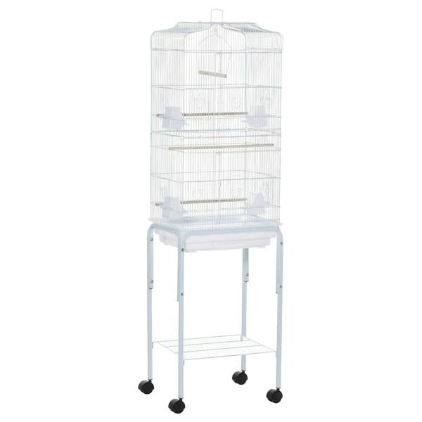 White bird cage with wheeled stand, wire bars, and pull-out tray
