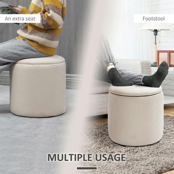 Cream white round storage ottoman used as extra seat or footrest, removable lid open.