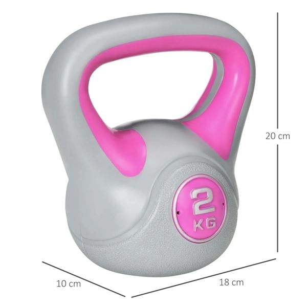 Pink and grey 2 kg kettlebell, front view with round weight label and handle