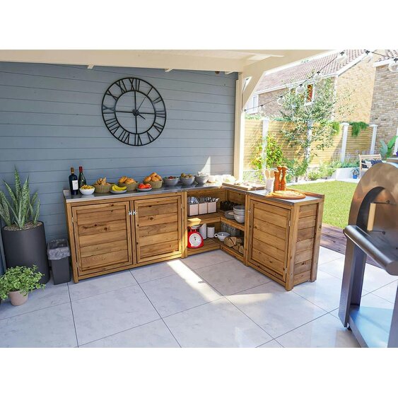 Dunster House Wooden Garden Kitchen Unit L-Configuration With Stainless Steel Countertop, W2m x D1.5m / W7' x D5