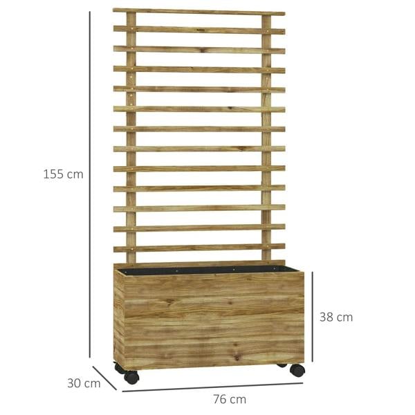 Natural wood raised planter with back trellis and rolling wheels, with dimensions