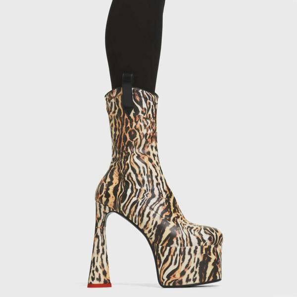 Lamoda Explosive Tiger Stretch PU Lace-Up Ankle Boots Bold Urban Street