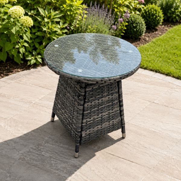 Fimous Small Round Outdoor Rattan Dining Table with Tempered Glass Top - Grey