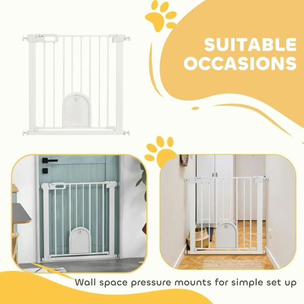 White pet safety gate with arched cat door, shown mounted in different openings