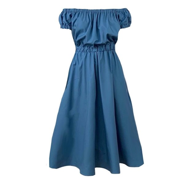 This is a Bardot style dress in wedgwood blue silhouetted against a white background. the neckline is gathered and the sleeves are a small puff style. The top gathers in to the waist elastic and the skirt is full with side pockets. The dress is a midi length.