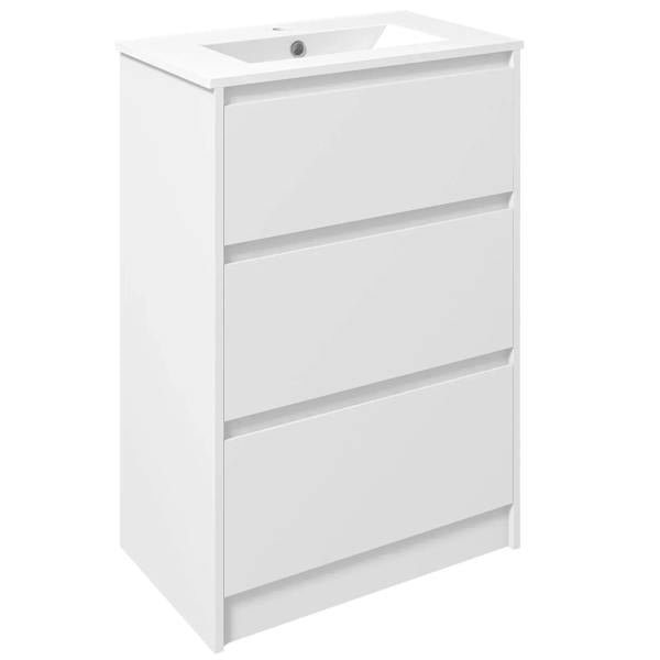 High gloss white bathroom vanity unit with built-in sink basin and cabinet front panels