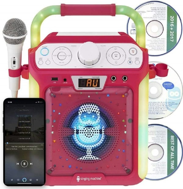 Singing Machine SML682BTP Bluetooth and CD Karaoke Machine with LED Lights and Microphone