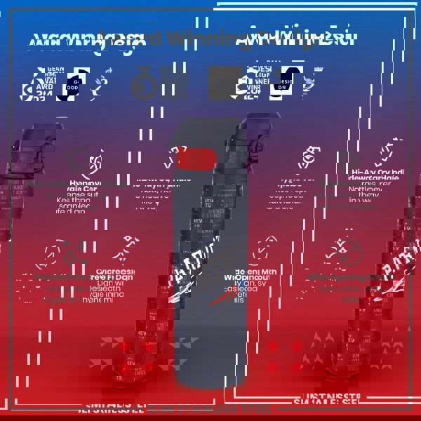 A slim stainless steel water bottle, featuring a wide mouth and hide-away handle, displays a New England Patriots design; it is shown against a red and purple background, highlighting its award-winning design and hygienic features.