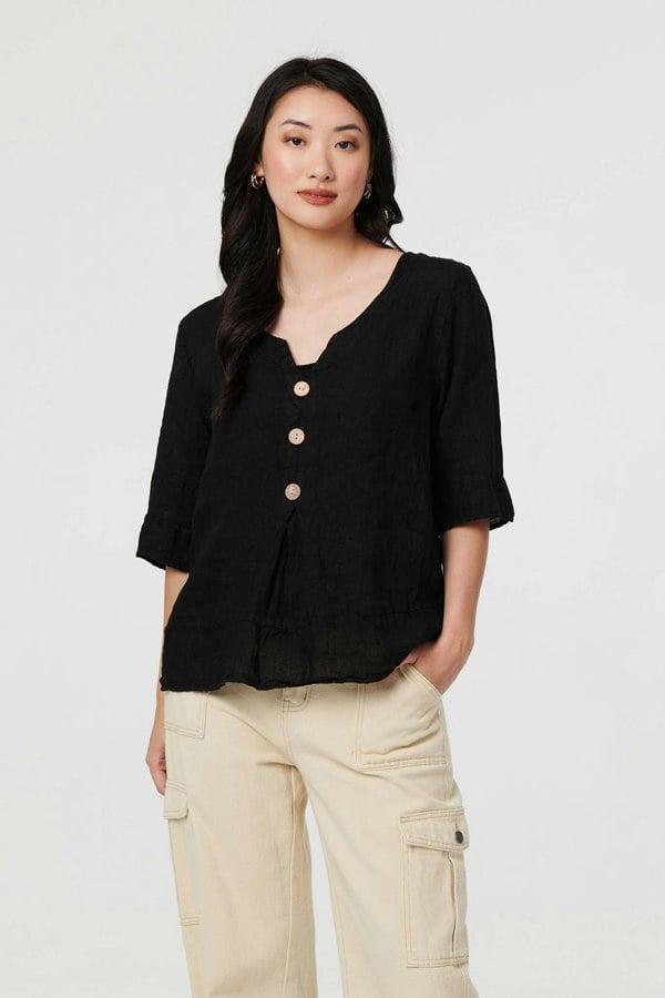 Black | Button Detail 3/4 Sleeve Relaxed Blouse
