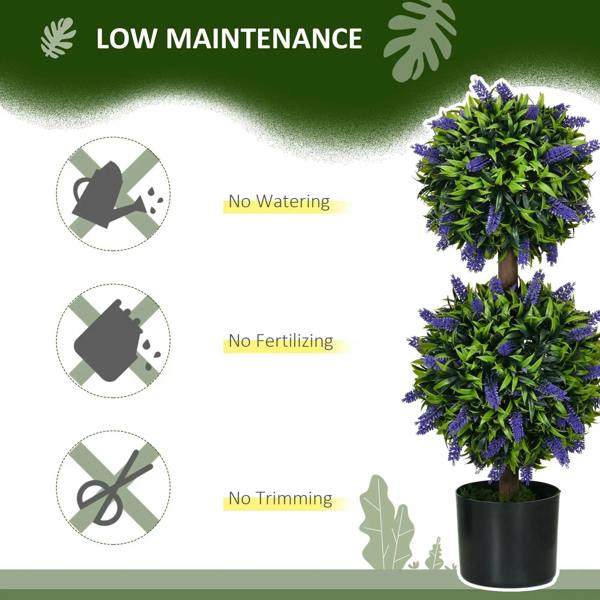 Artificial lavender flower ball tree in a black pot with dense purple blossoms