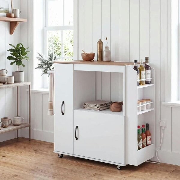 Kitchen Trolley on Wheels, Rolling Kitchen Island Cart with Power Outlet, Cabinet, Pull-Out Drawer, White