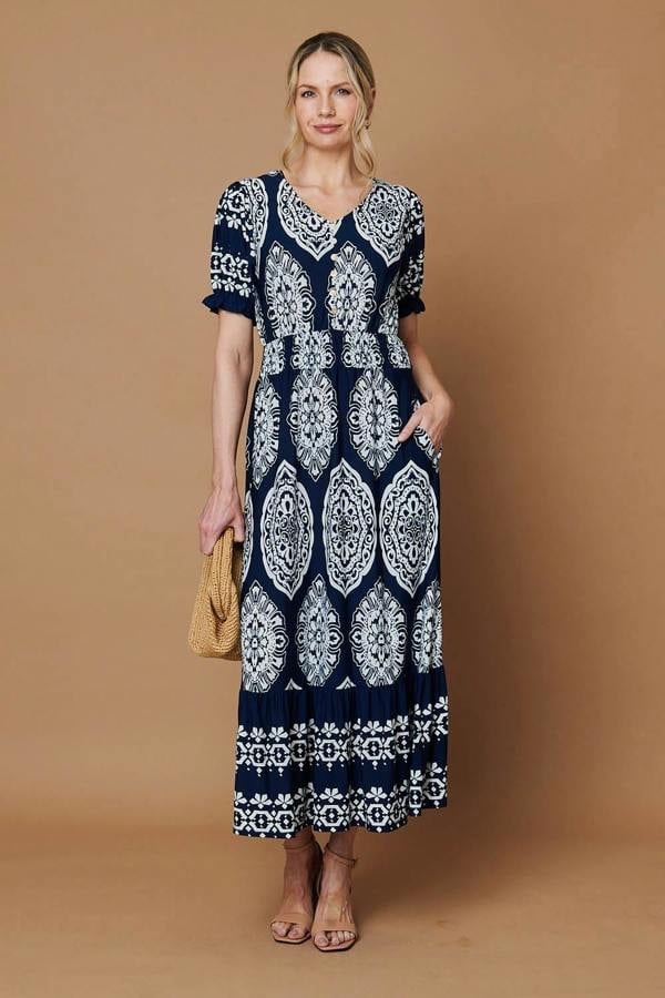 Navy | Printed Shirred Puff Sleeve Maxi Dress