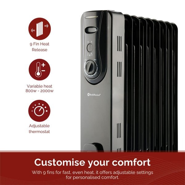 Rediffusion 9 Fin Oil Filled Radiator 2KW Black