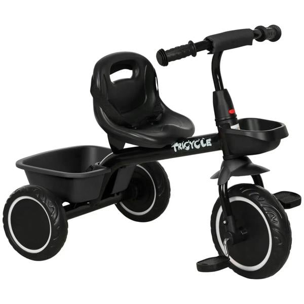 Black kids tricycle with front basket, three wheels, and padded seat