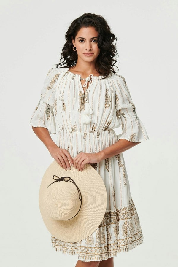Cream | Ikat Print Knee Length Bardot Dress
