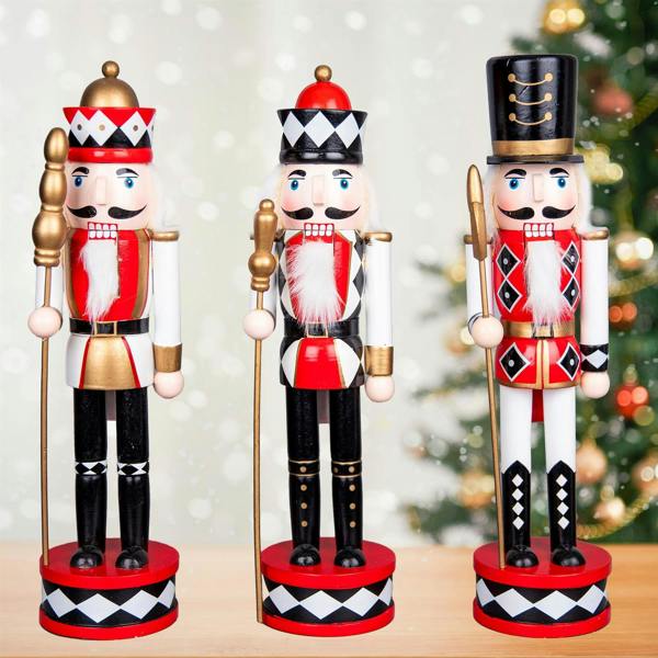 38cm Wooden Christmas Nutcracker Soldier Ornament Set of 3, Hand Painted Red and Black image 5