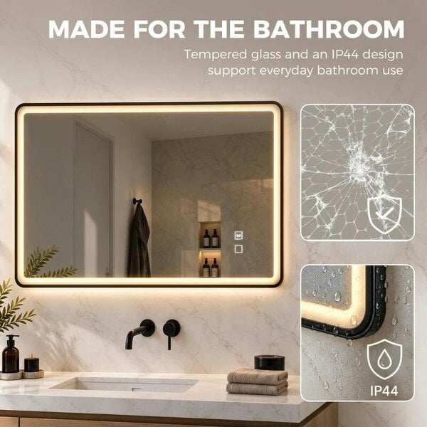 Bathroom Mirror with LED Lights, 100x70cm Rectangle Bathroom Mirror, Dimmable, Bluetooth, Anti-Fog, Black