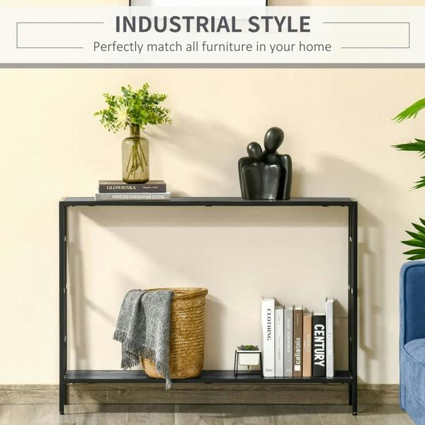 Grey console table with black metal frame and open storage shelf