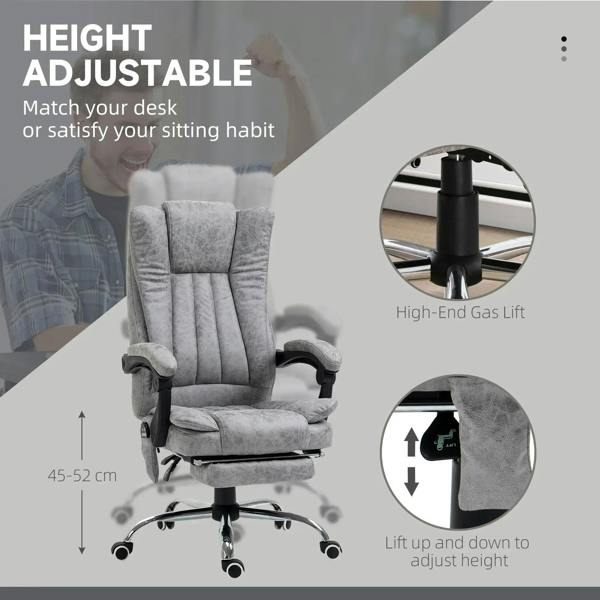 Grey height-adjustable reclining office chair with lift mechanism detail
