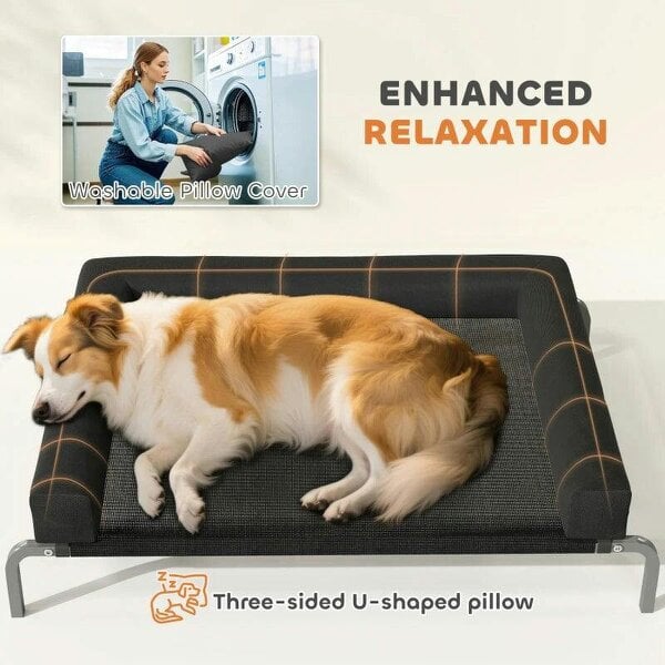 Elevated Dog Bed with Removable Bolsters, Raised Dog Bed for Medium Breeds, Portable Indoor & Outdoor Pet Cots, Black