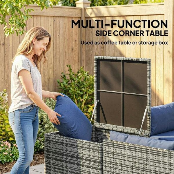 4 Piece Rattan Garden Furniture Set, Outdoor Corner Sofa Set with Storage Table, Loveseats, Cushions - Dark Blue