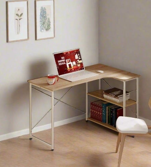 Modcraft L-Shaped Computer Desk – Light Oak & White Home Office Workstation with Storage Shelves