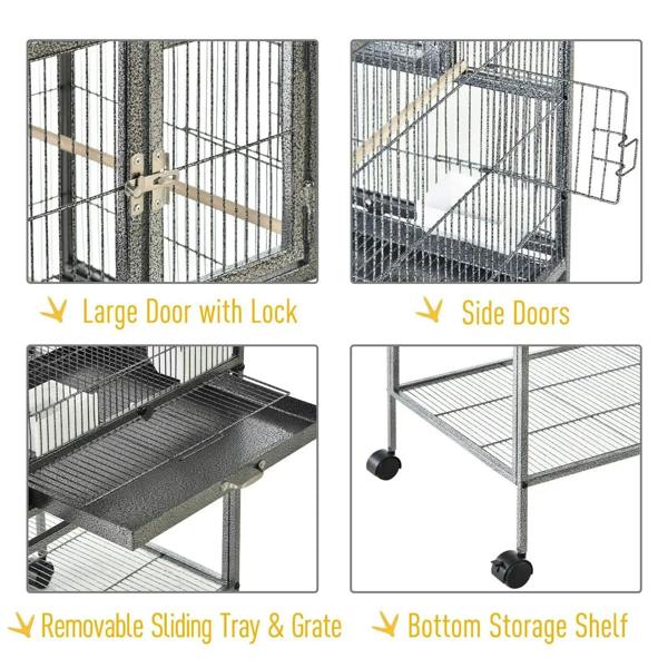 Black bird cage with large locking door, side doors, removable sliding tray and grate