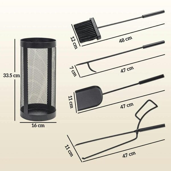 5-Piece Fireplace Tools Set with Mesh Basket, Indoor Outdoor Fireside Accessories for Fireplaces, Fire Pits, Black