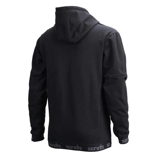 Scruffs Tech Mens Winter Warm Hooded Hoodie Sweat Shirt Jumper, back view of a black hoodie with a hood and branded trim at the bottom.