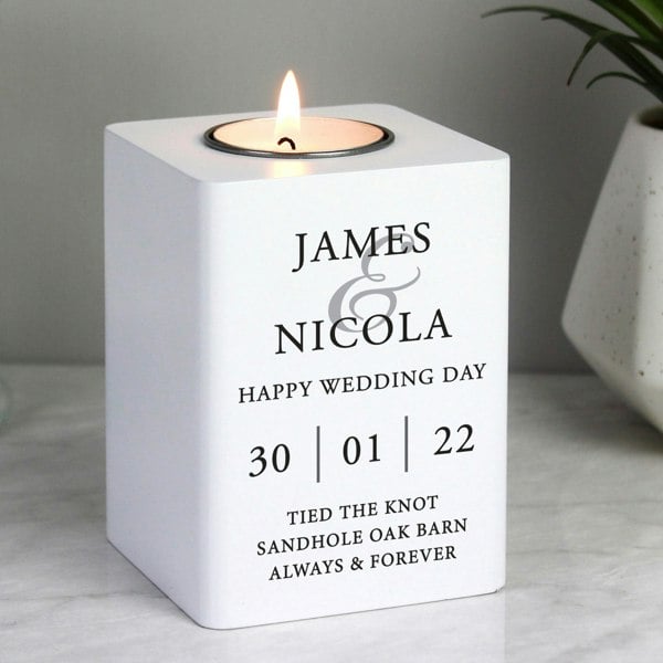 Personalised Memento Company Personalised Couples White Wooden Tea light Holder