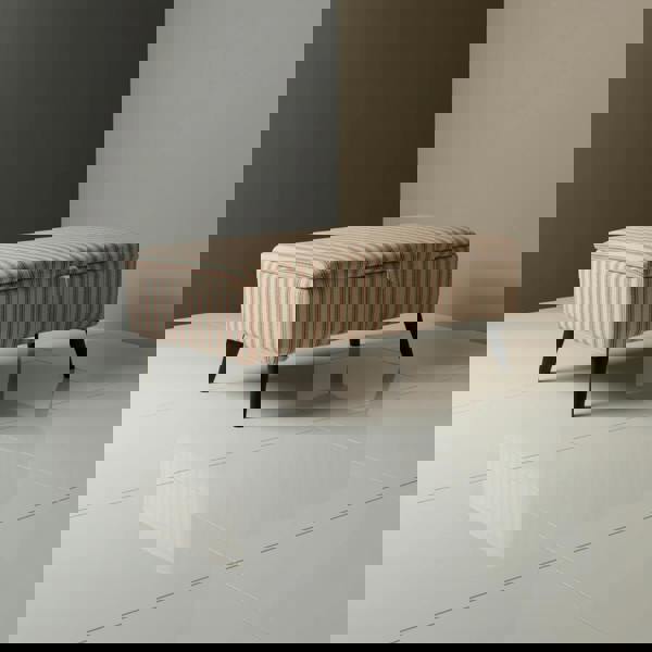 Red patterned linen ticking fabric ottoman used as coffee table