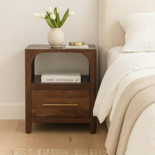 Artisan Furniture Solid Wood Arc-Line Bedside Table, 1 Drawer & 1 Open Slot, Brown