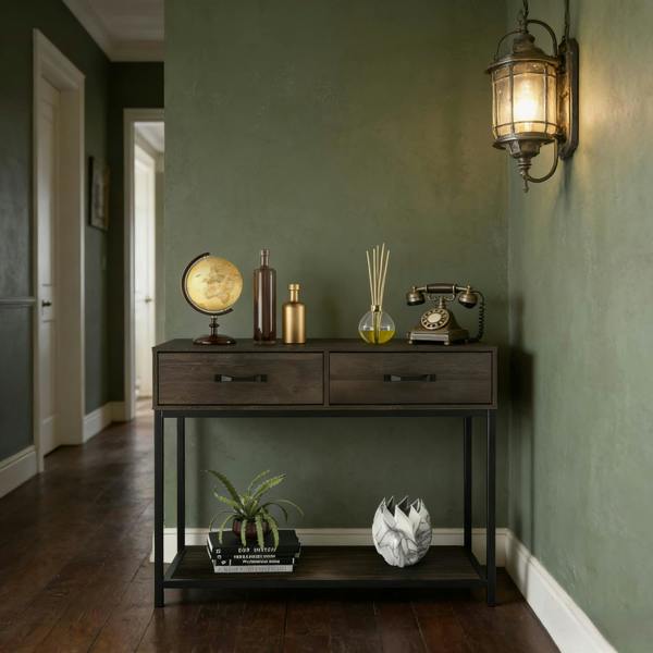 ADOV Console Table with 2 Drawers, Industrial Hallway Table with Open Shelf and Metal Frame for Living Room