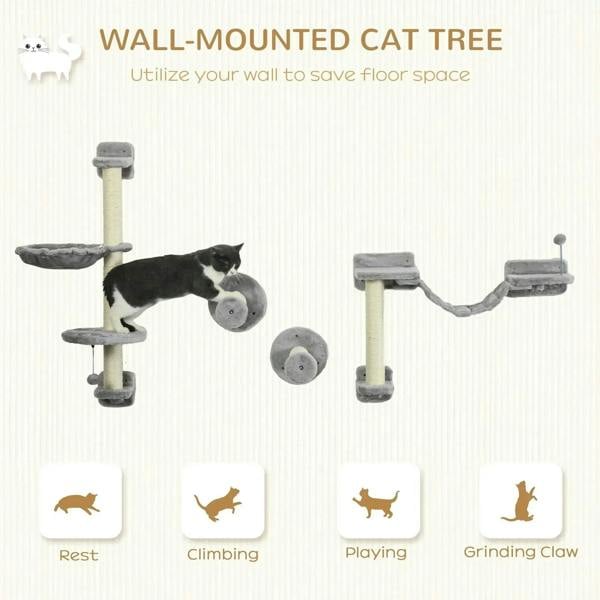 Grey wall-mounted cat tree set with hammock, perches, and scratching posts
