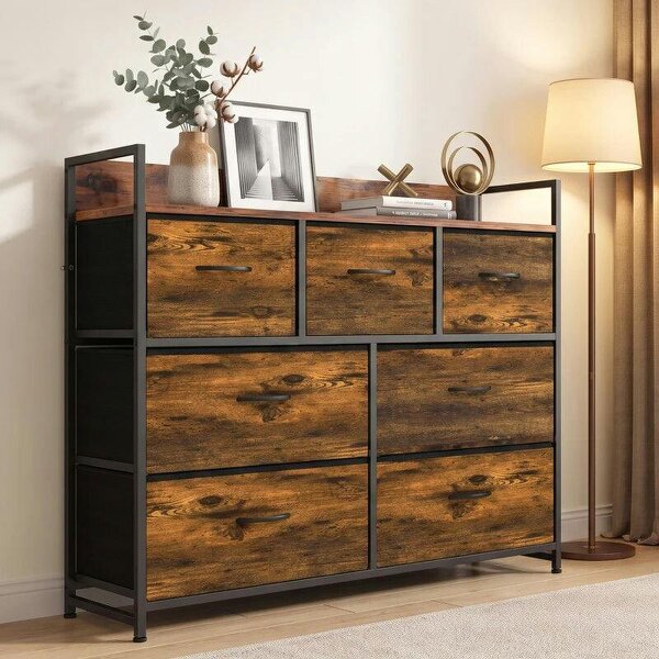Chest of Drawers with 7 Drawers, Industrial Fabric Storage Unit with Top Shelf and Steel Frame for Bedroom, Rustic Brown