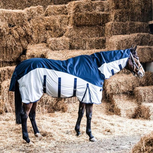 eQuitack 600D 2 in 1 Waterproof Fly Turnout Mesh Horse Rug Fixed Neck Navy/Silver 5'6''