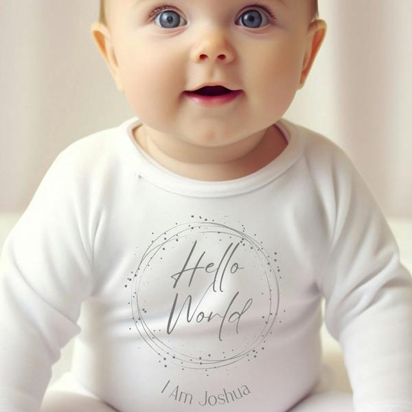 Personalised Hello World Baby Grow, Vest or Bib with Name