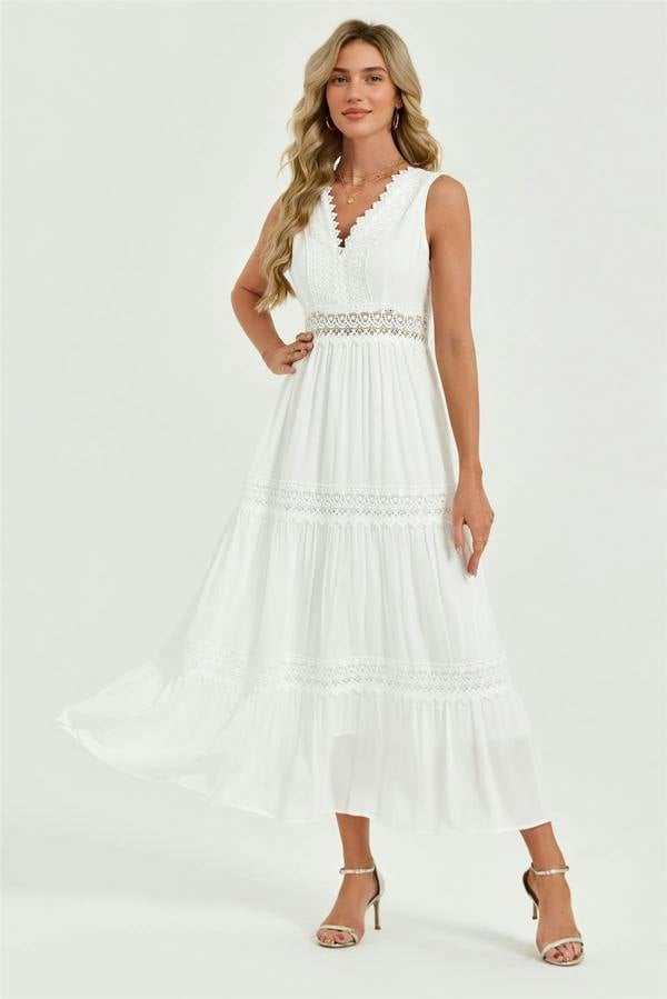 FS Collection Lace Detail Maxi Dress In White